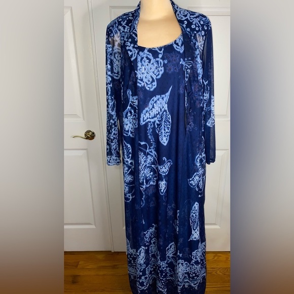 Vintage Rabbit Rabbit Rabbit Blue 2 PC Set Maxi Dress & Sheer Overlay Size 14 - Picture 12 of 12